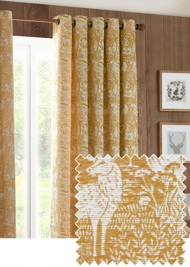 furn. Winter Woods Animal Chenille Eyelet Curtains Ochre