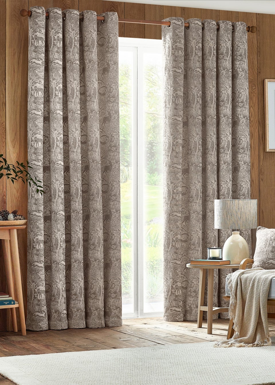 furn. Winter Woods Animal Chenille Eyelet Curtains Taupe