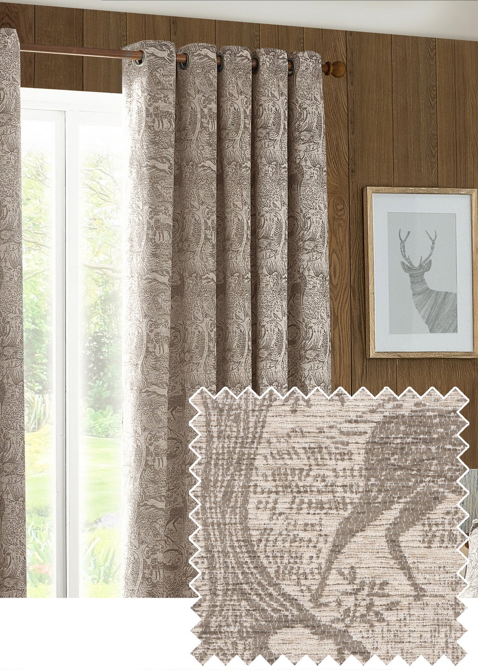 furn. Winter Woods Animal Chenille Eyelet Curtains Taupe