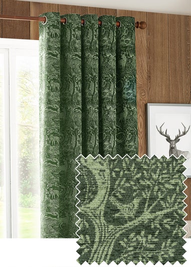 furn. Winter Woods Animal Chenille Eyelet Curtains Emerald