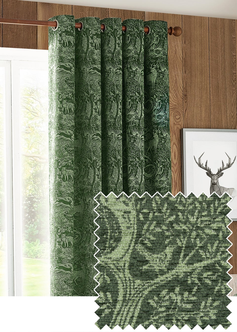 furn. Winter Woods Animal Chenille Eyelet Curtains Emerald