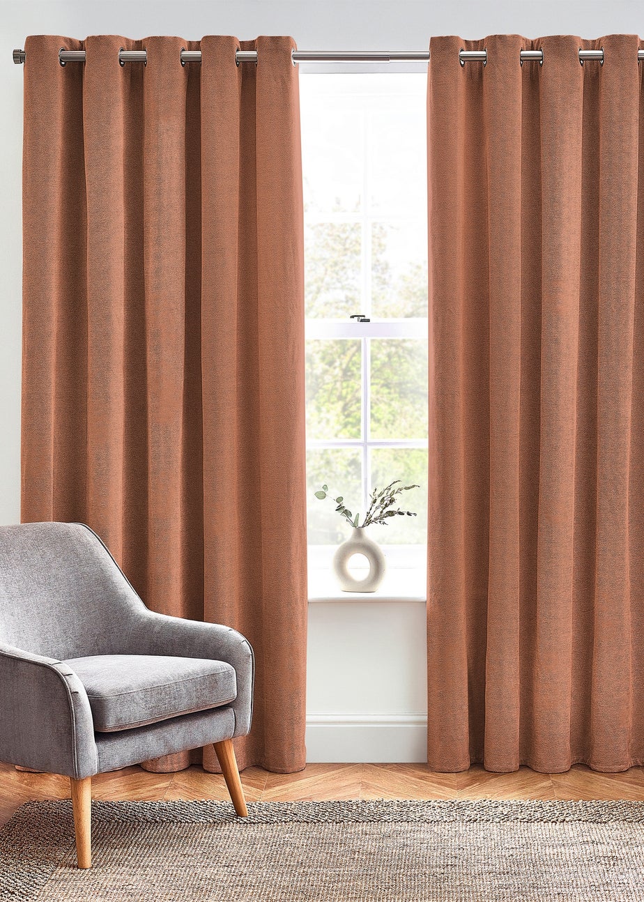 furn. Hudson Herringbone Chenille Eyelet Curtains Terracotta