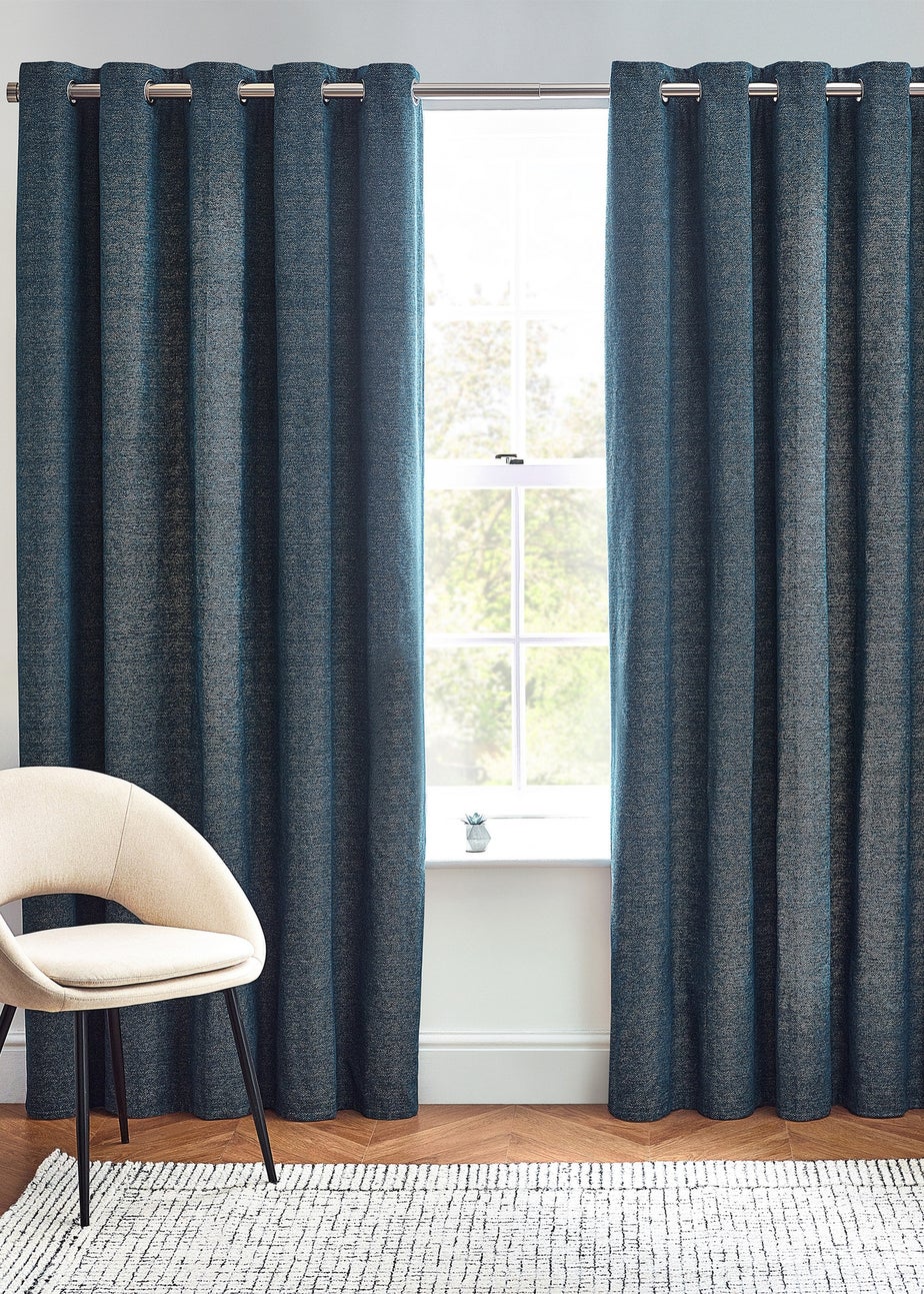 furn. Hudson Herringbone Chenille Eyelet Curtains Blue