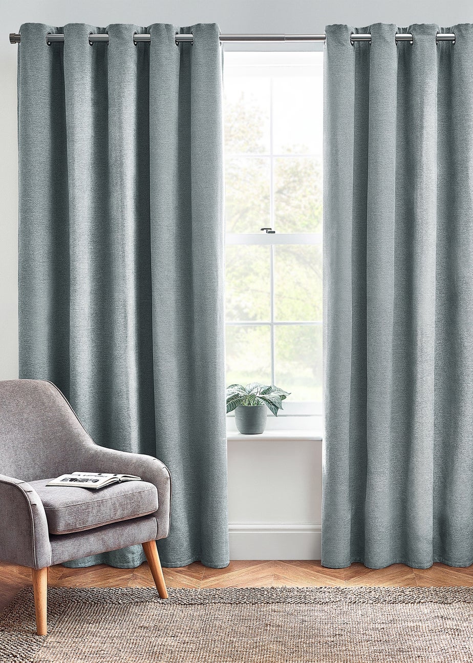furn. Hudson Herringbone Chenille Eyelet Curtains Duck Egg Blue