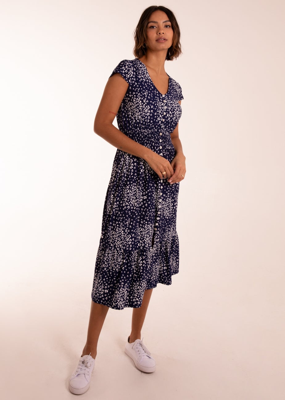 Blue Vanilla Navy Button Through Shirred Waist Midi Dress