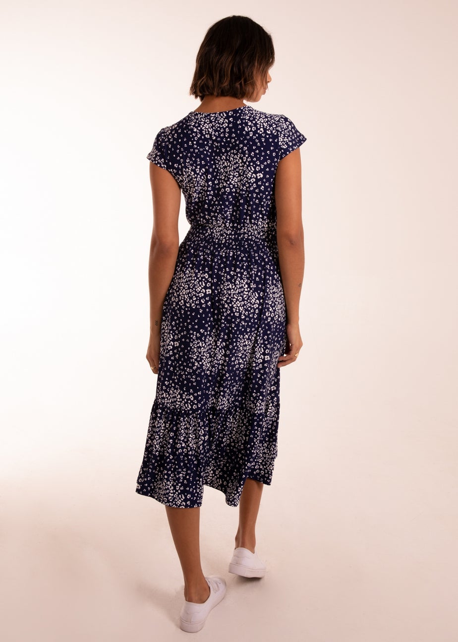 Blue Vanilla Navy Button Through Shirred Waist Midi Dress