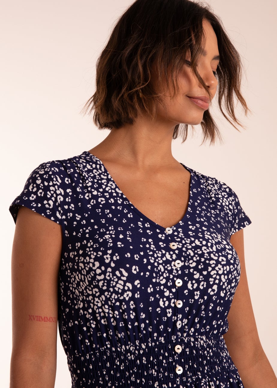 Blue Vanilla Navy Button Through Shirred Waist Midi Dress