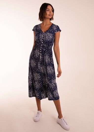Blue Vanilla Navy Button Through Shirred Waist Midi Dress
