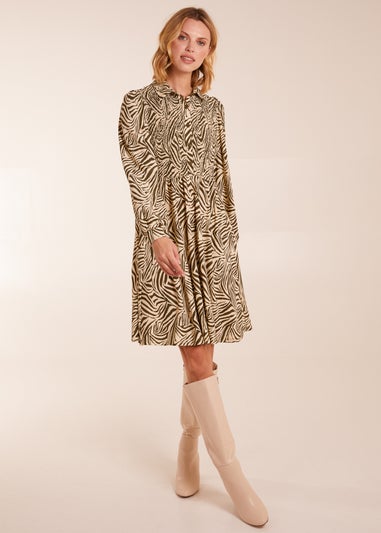 Blue Vanilla Khaki Zebra Shirred Long Sleeve Mini Shirt Dress