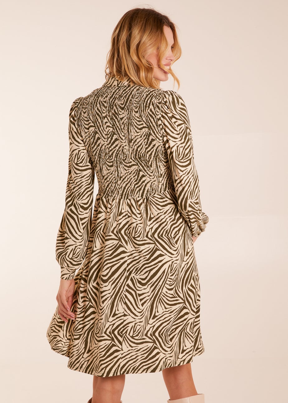 Blue Vanilla Khaki Zebra Shirred Long Sleeve Mini Shirt Dress