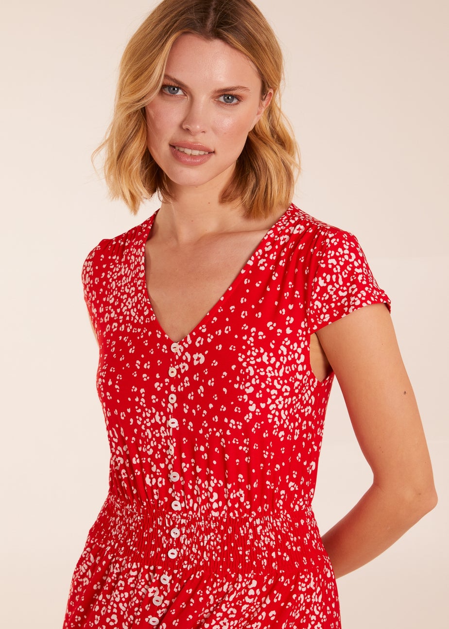 Blue Vanilla Red Button Through Shirred Waist Midi Dress