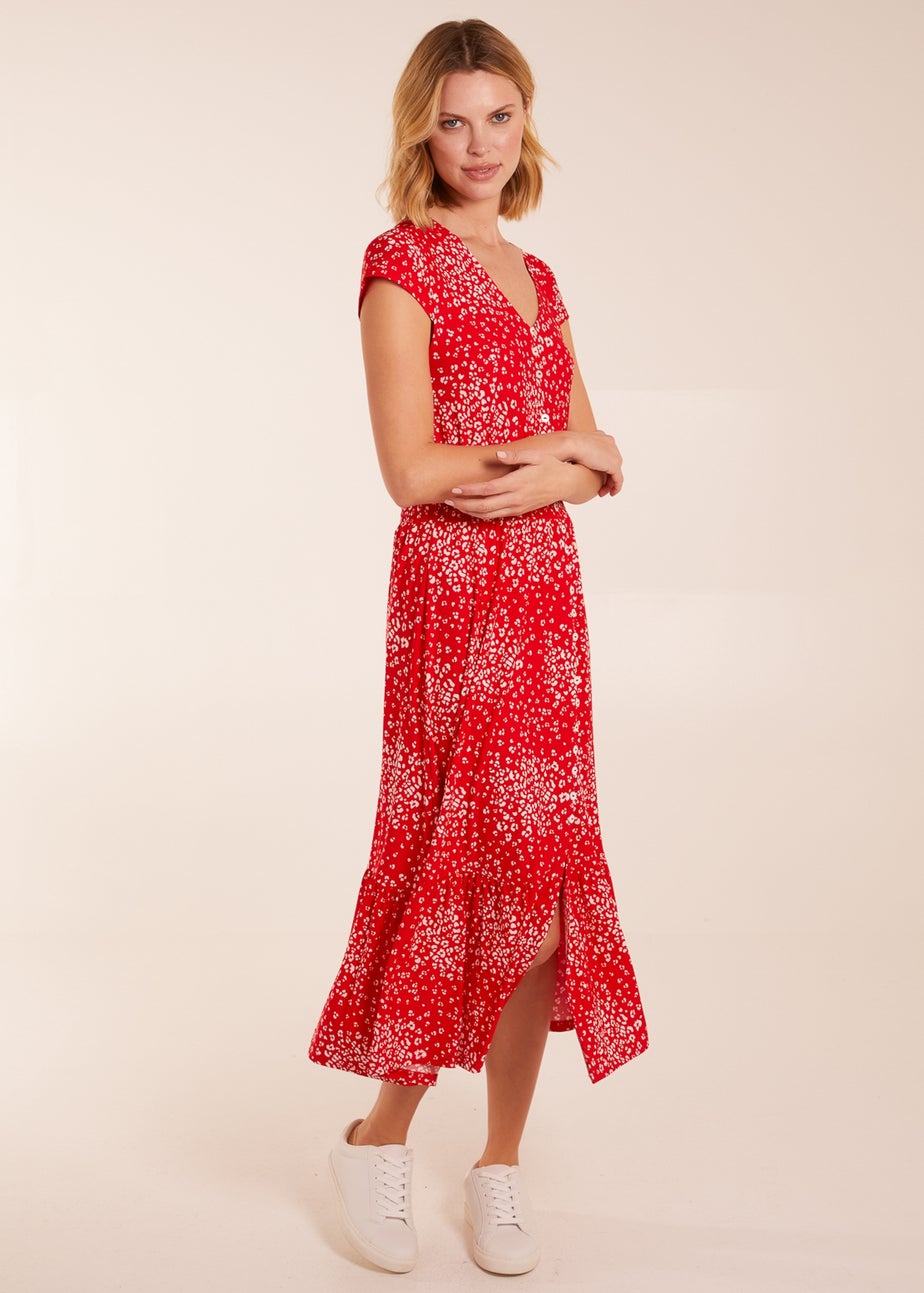 Blue Vanilla Red Button Through Shirred Waist Midi Dress