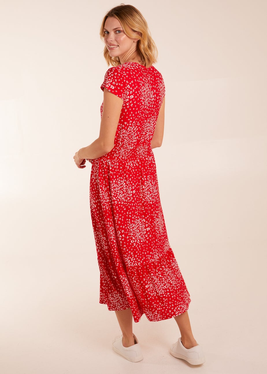 Blue Vanilla Red Button Through Shirred Waist Midi Dress