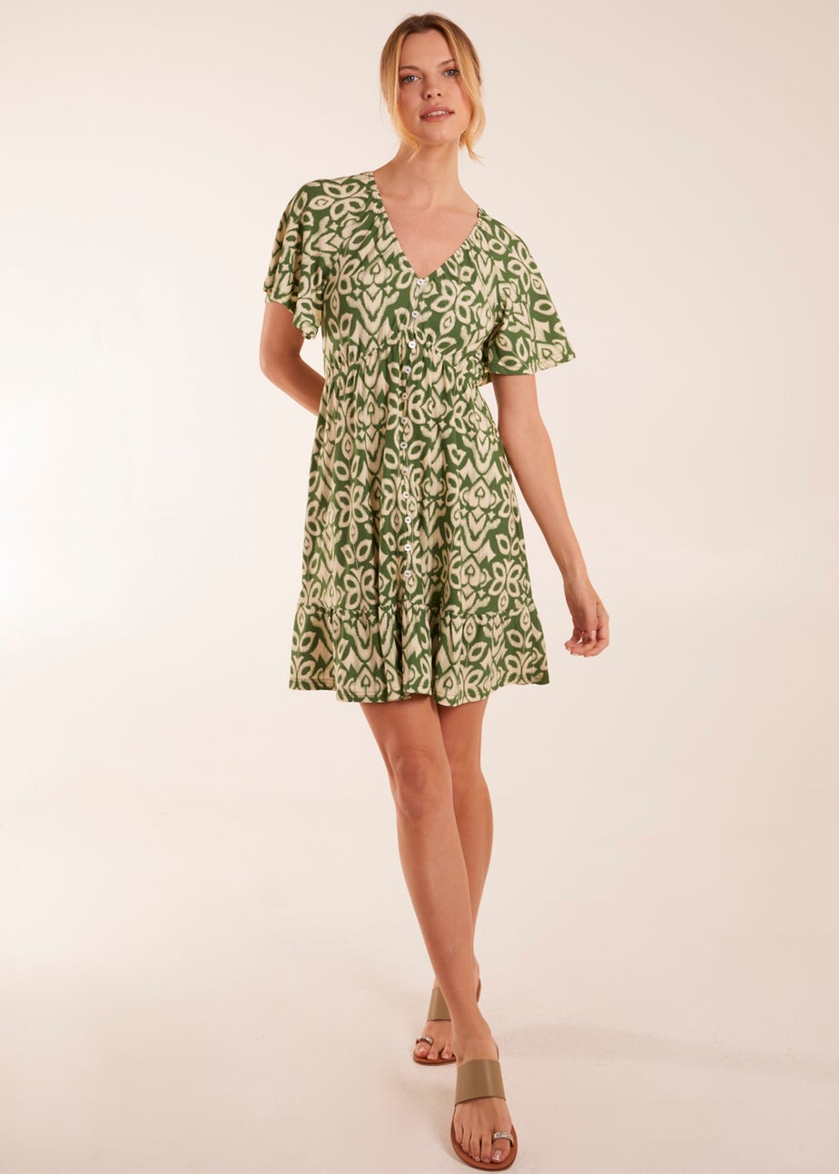 Blue Vanilla Khaki Button Through Elastic Waist Mini Dress