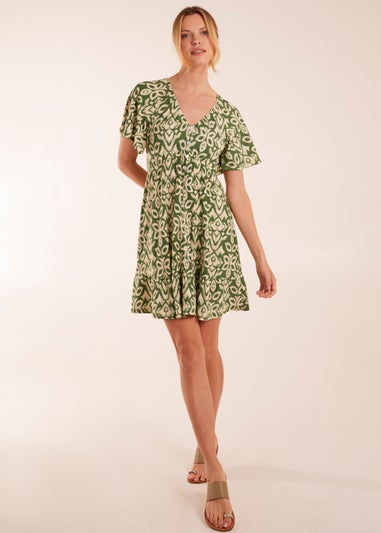 Blue Vanilla Khaki Button Through Elastic Waist Mini Dress