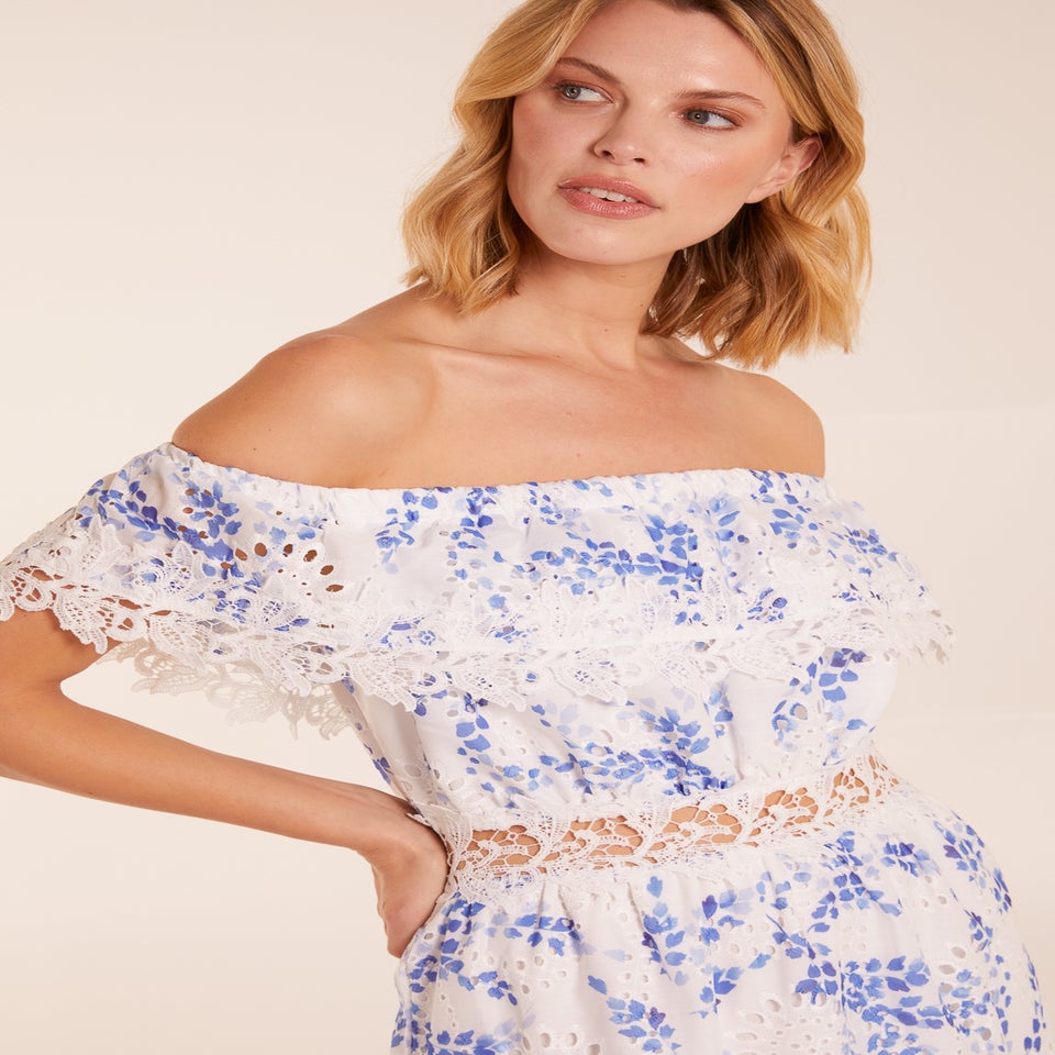 Blue Vanilla Blue Bardot Neck Lace Maxi Dress