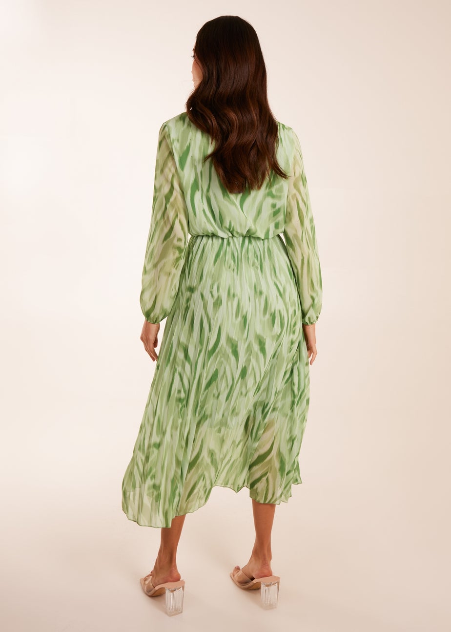 Blue Vanilla Green Abstract Wrap Pleated Midi Dress