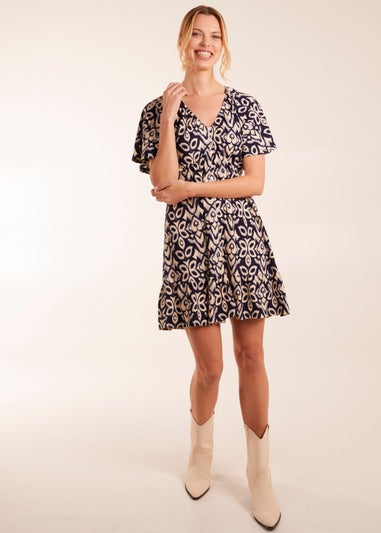 Blue Vanilla Navy Button Through Elastic Waist Mini Dress