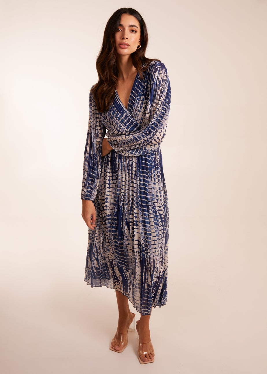 Blue Vanilla Navy Pleated Abstract Snake Print Wrap Dress
