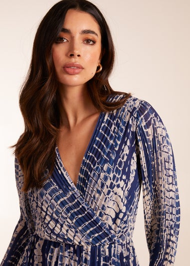 Blue Vanilla Navy Pleated Abstract Snake Print Wrap Dress