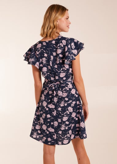 Blue Vanilla Navy Floral Frill Sleeve Mini Dress