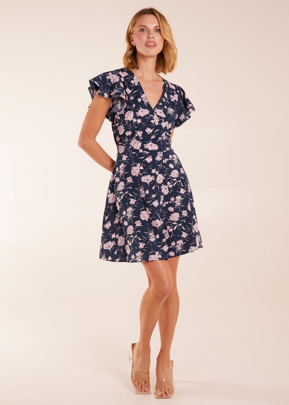 Blue Vanilla Navy Floral Frill Sleeve Mini Dress