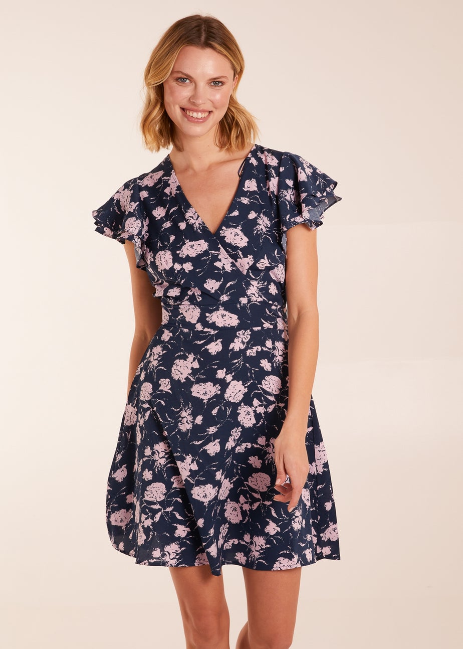 Blue Vanilla Navy Floral Frill Sleeve Mini Dress