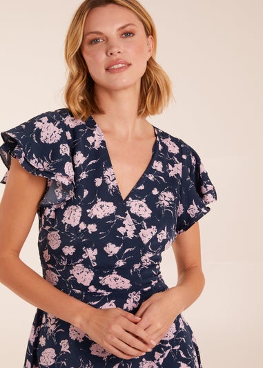 Blue Vanilla Navy Floral Frill Sleeve Mini Dress