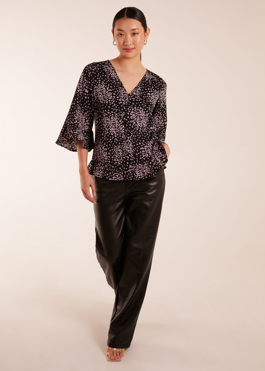 Blue Vanilla Black Button Front V Neck Flounce Blouse