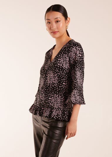 Blue Vanilla Black Button Front V Neck Flounce Blouse