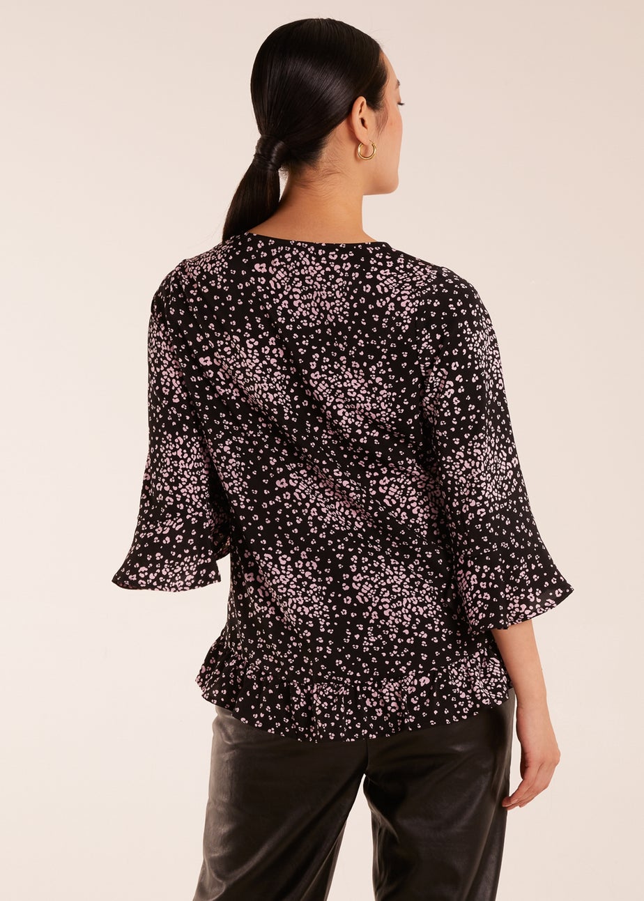 Blue Vanilla Black Button Front V Neck Flounce Blouse