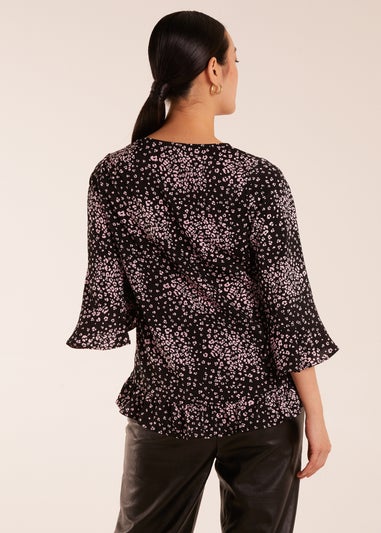 Blue Vanilla Black Button Front V Neck Flounce Blouse