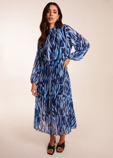 Blue Vanilla Navy High Neck Puff Ball Pleated Water Colour Dress