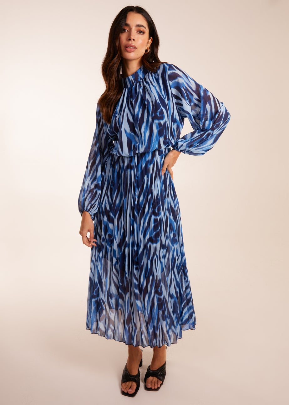 Blue Vanilla Navy High Neck Puff Ball Pleated Water Colour Dress