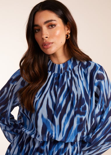 Blue Vanilla Navy High Neck Puff Ball Pleated Water Colour Dress