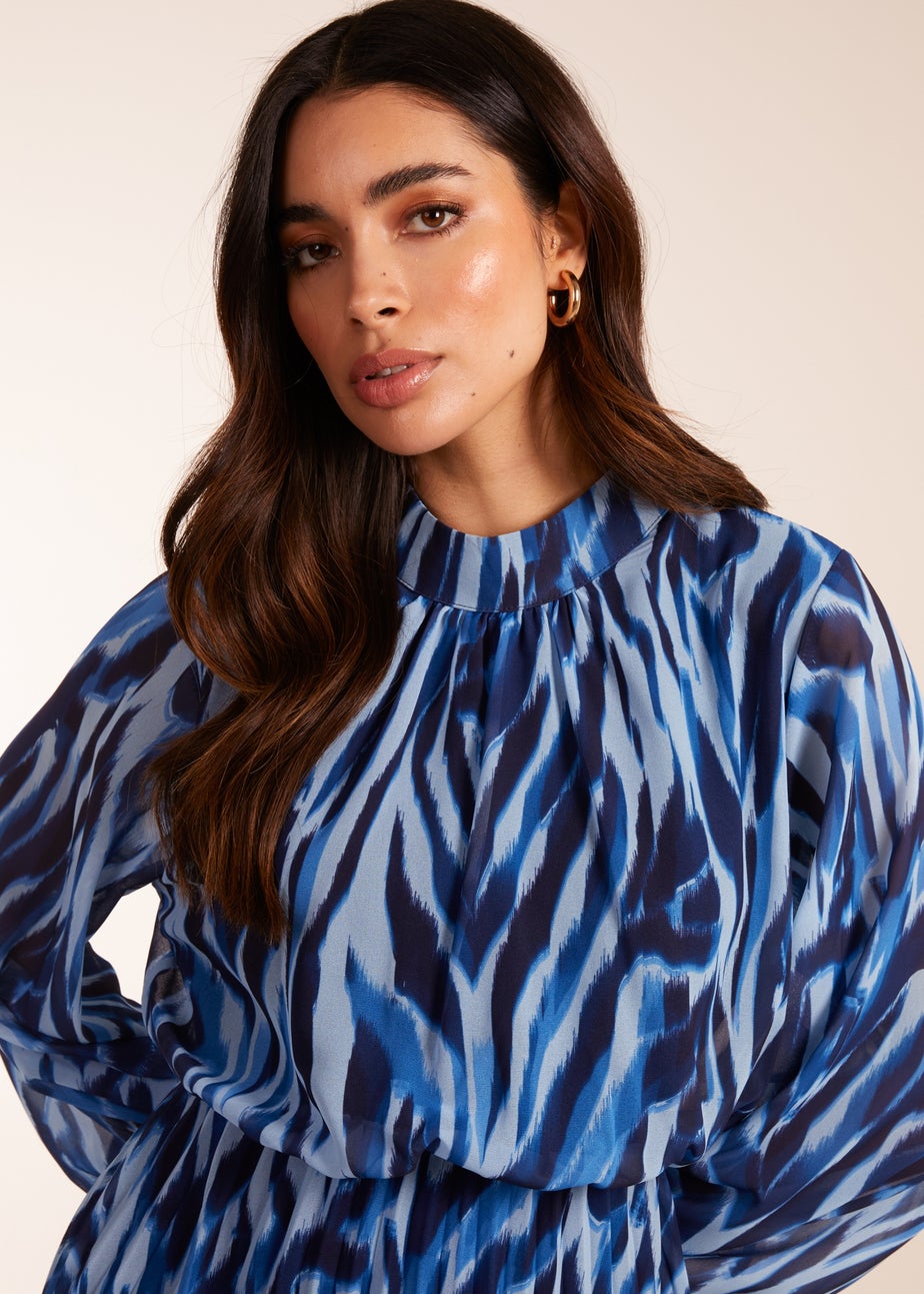 Blue Vanilla Navy High Neck Puff Ball Pleated Water Colour Dress