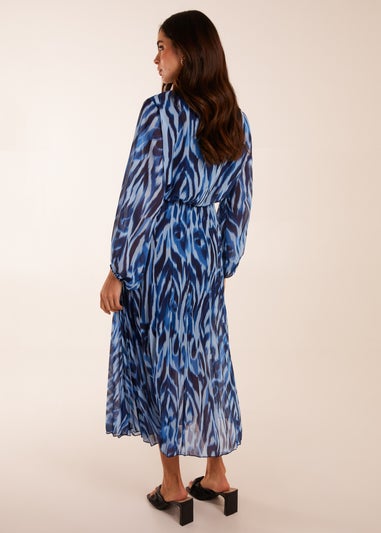 Blue Vanilla Navy High Neck Puff Ball Pleated Water Colour Dress