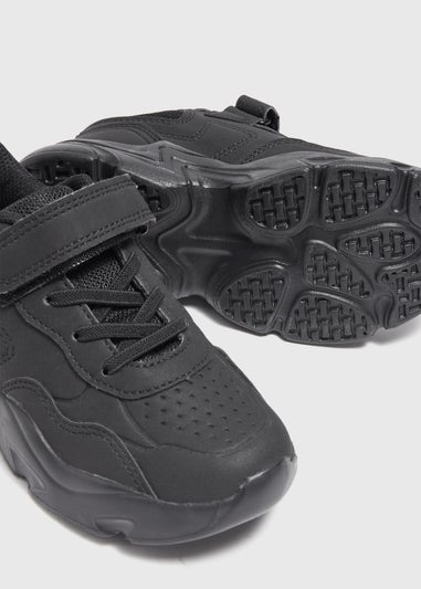 Boys Black Faux Leather Sports School Trainers (Younger 10-Older 6)