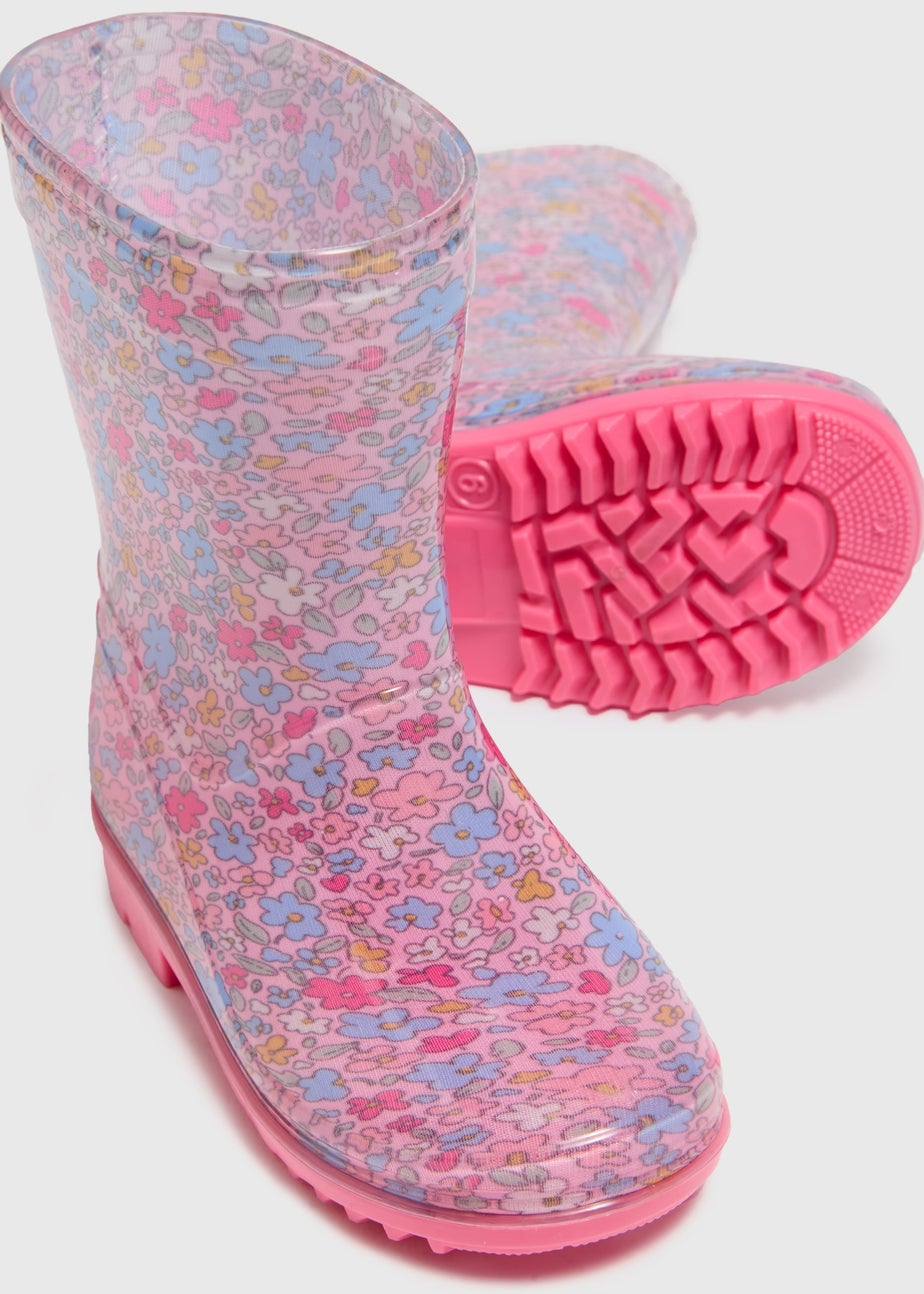Girls Pink Floral Print Wellies (Younger 4-12)
