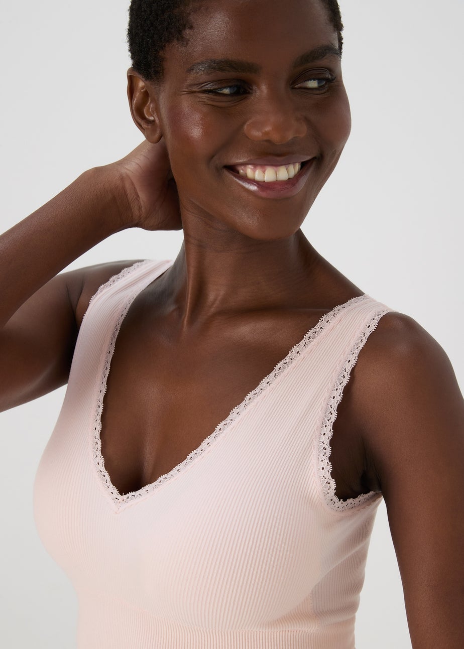 2 Pack Seamless Pink & Black Padded Lace Trim Crop Top