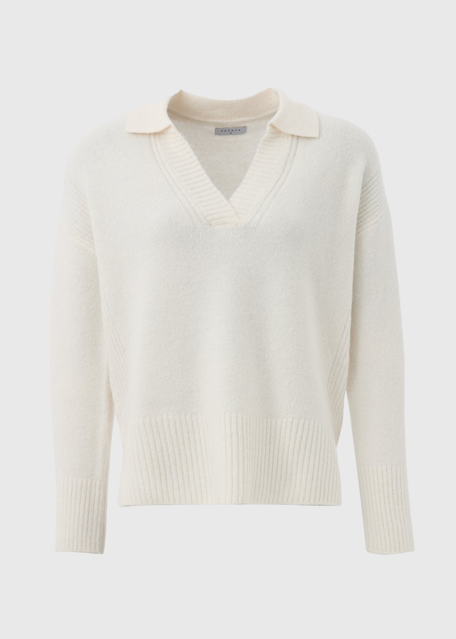 Cream Ribbed V-Neck Jumper