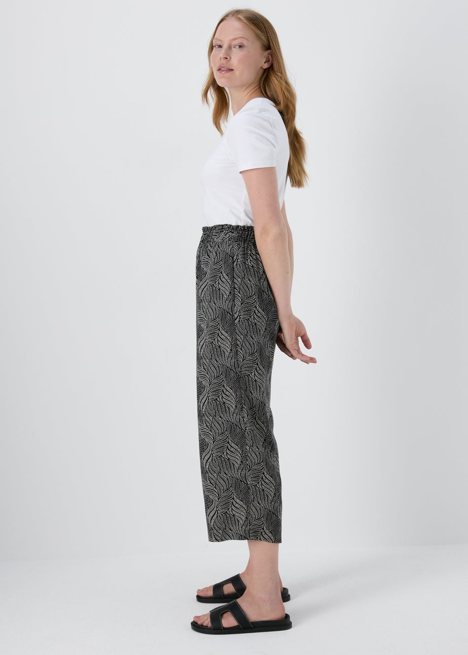 Black Mono Print Wide Leg Crop Trousers