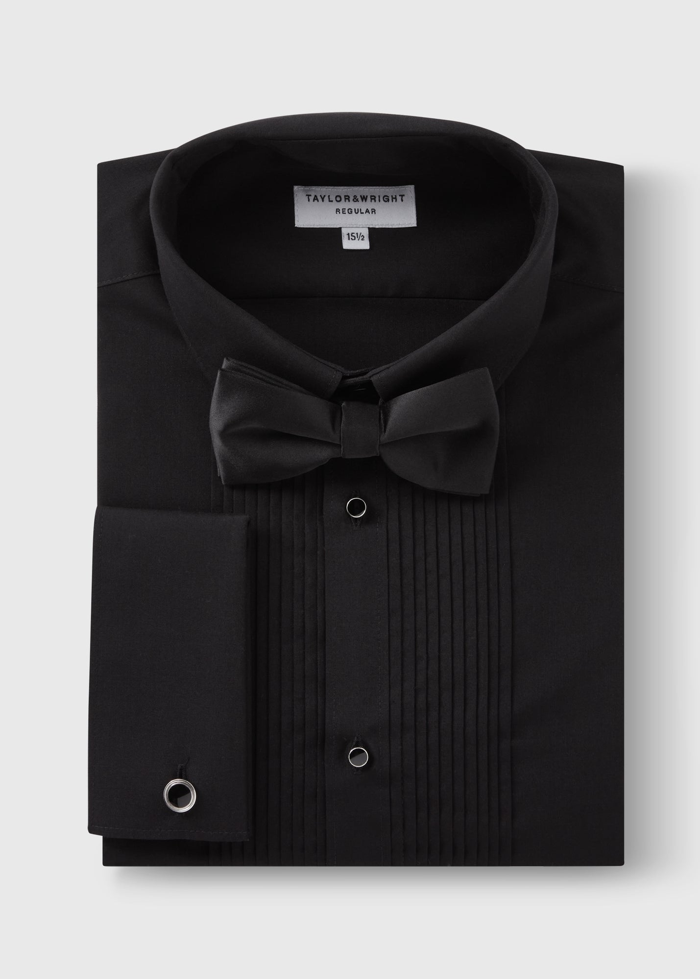black dress shirt with black bow tie