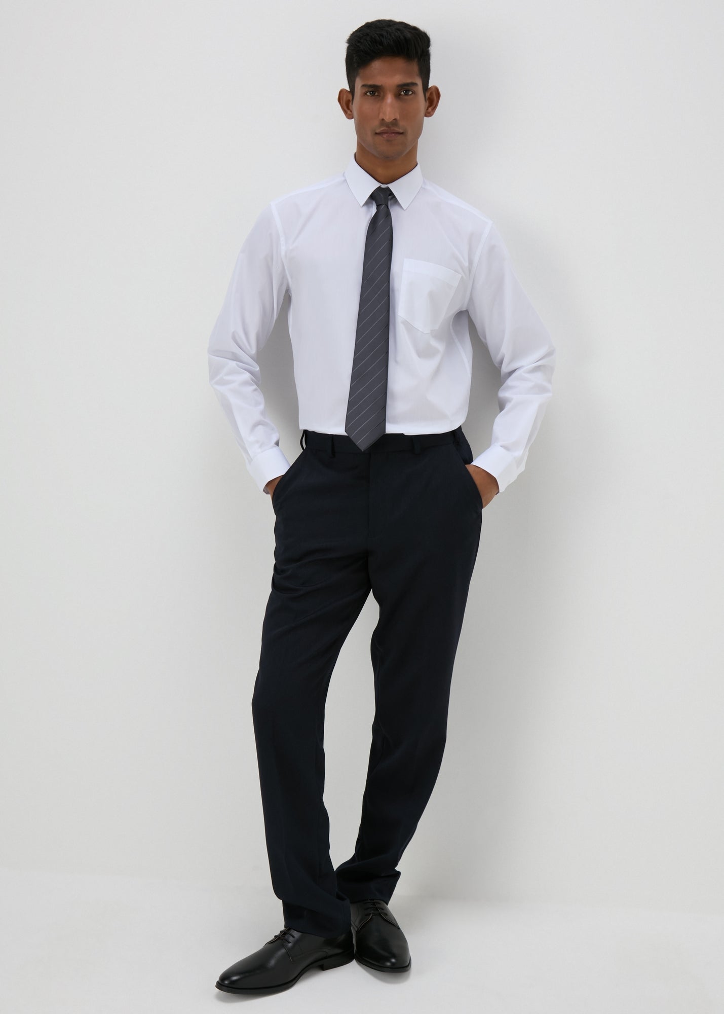black pant and white shirt with tie