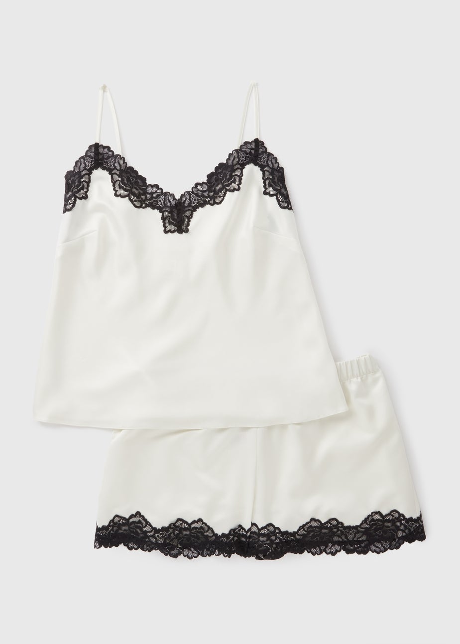 Cream Contrast Lace Satin Cami Set
