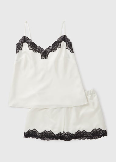 Cream Contrast Lace Satin Cami Set