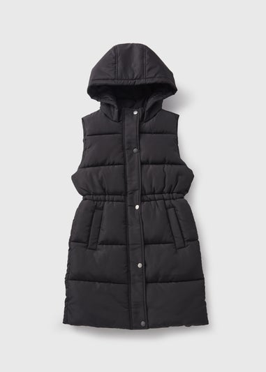 Girls Showerproof Black Longline Padded Gilet (7-15yrs)