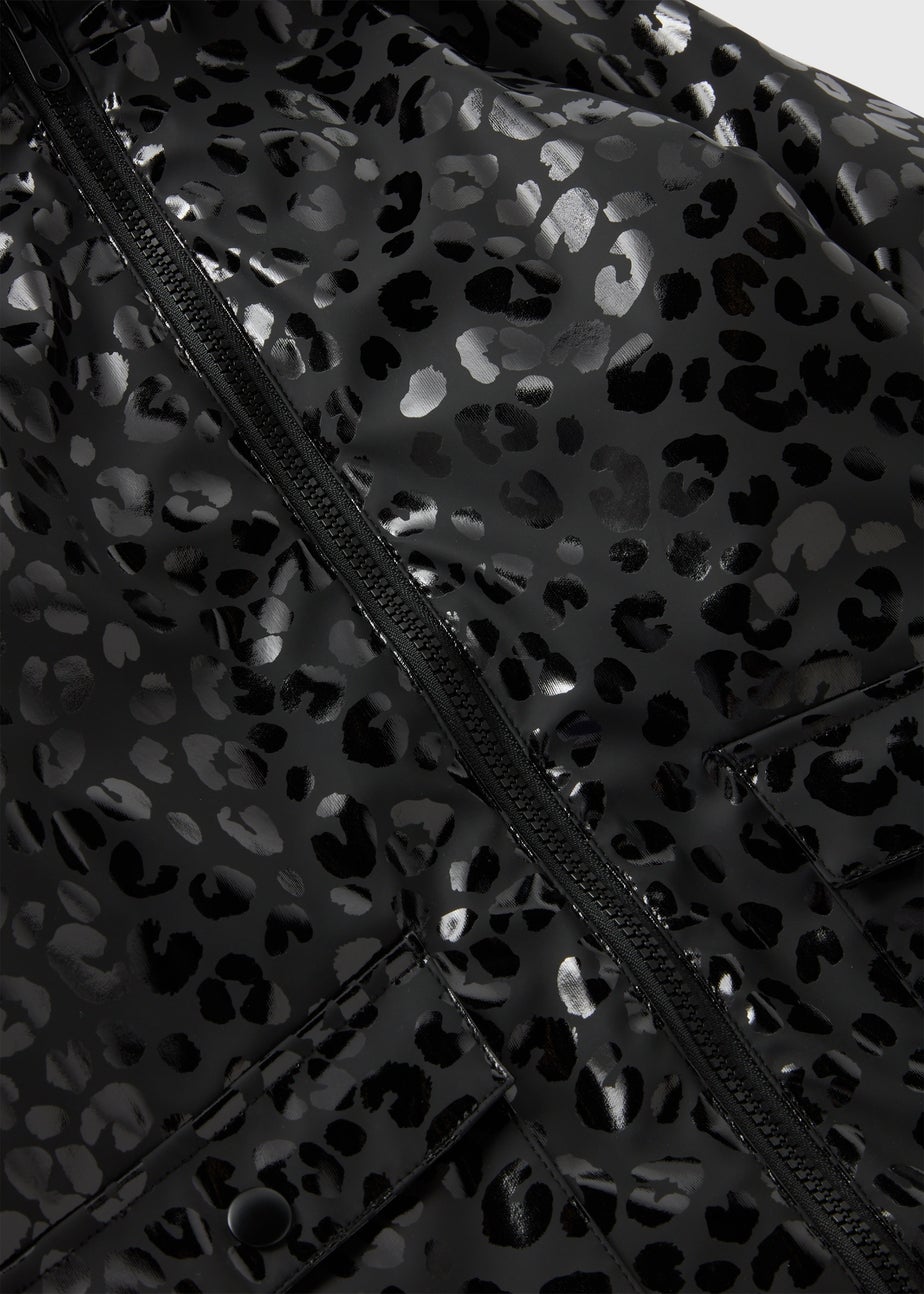 Girls Black Leopard Print Fur Lined Showerproof Mac (1-7yrs)