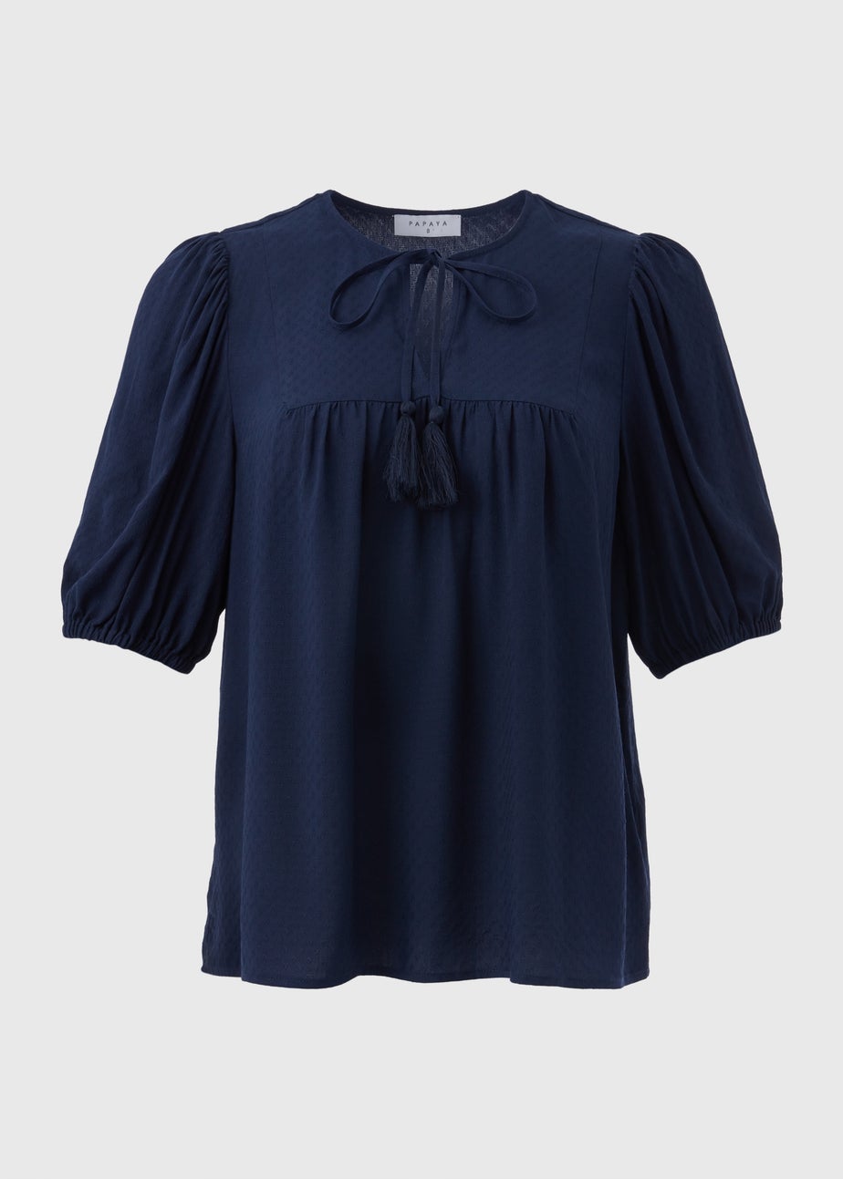 Navy Dobby Tassel Blouse