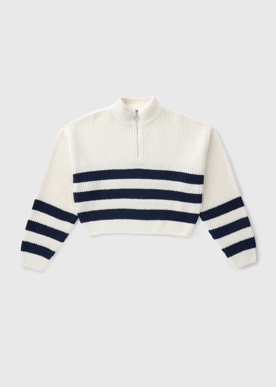 Girls White Stripe Half Zip Jumper (7-15yrs)